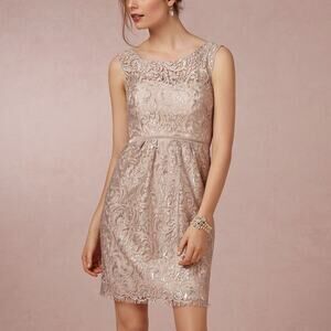 Anthropologie Jenny Yoo Floral Lace Beige & Silver Sheath Mini Dress Size 4